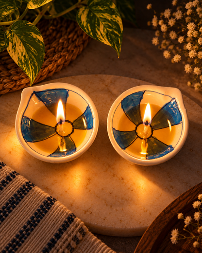 Ceramic Hand-Painted Diya - Blue & White Geometric