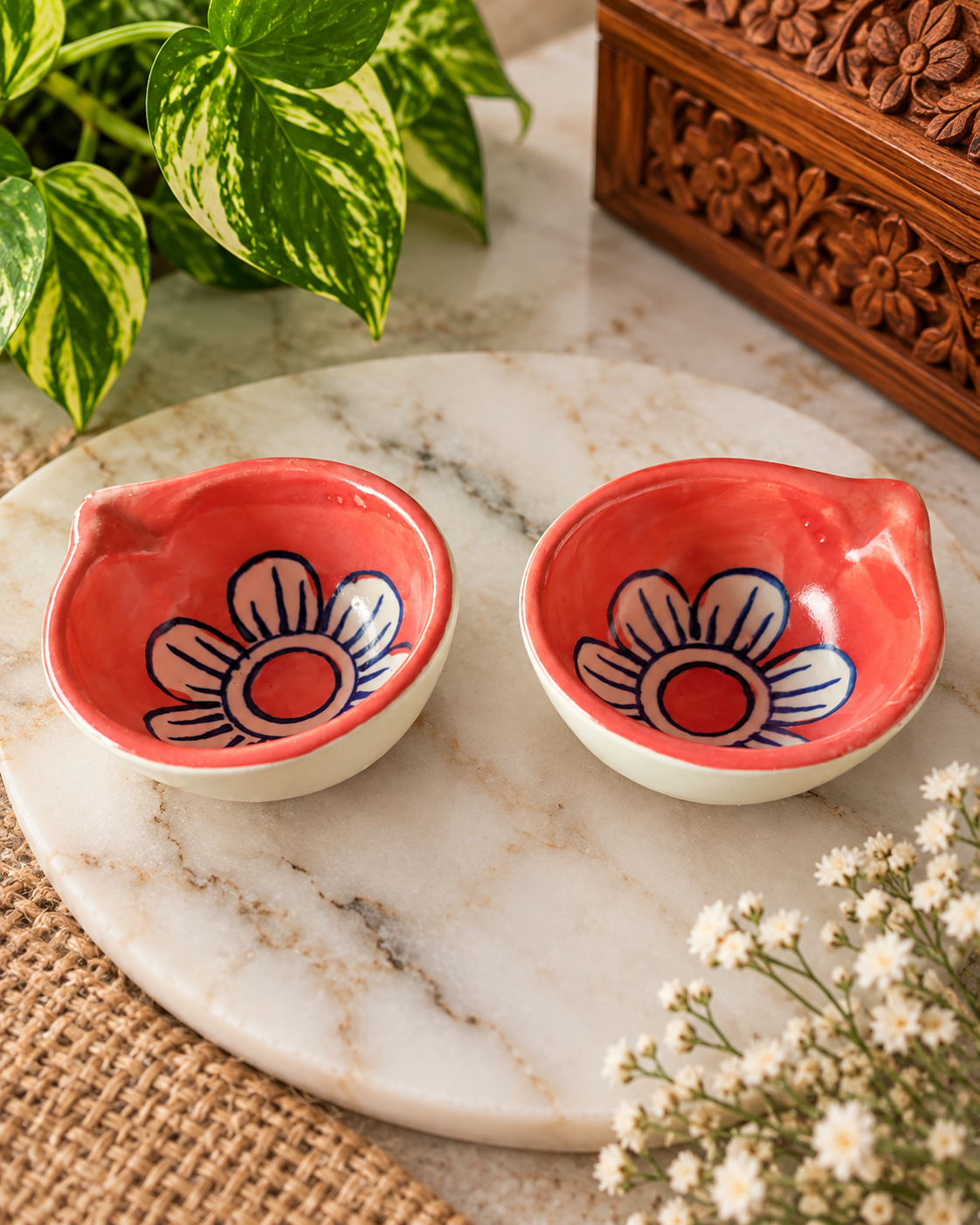 Ceramic Hand-Painted Diya - Coral Floral