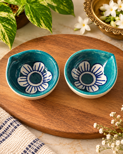 Ceramic Hand-Painted Diya - Teal Floral
