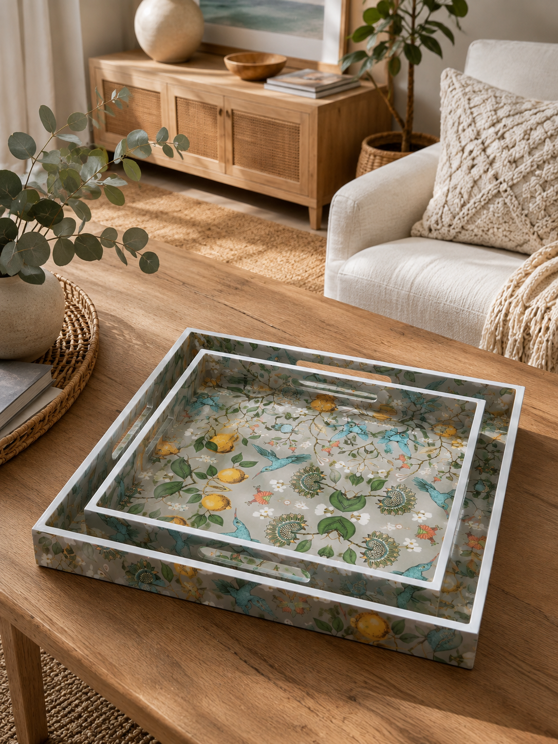 Wooden Tray Square Grey/Lemon Flowers Pattern(2 Set)