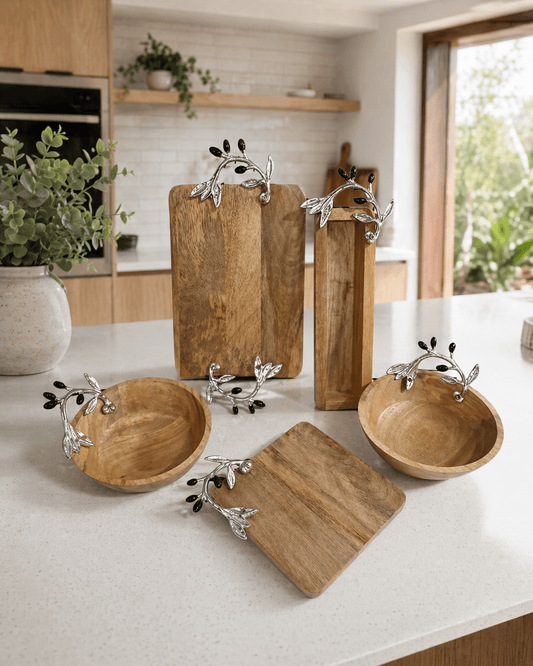 Multishape Wooden Platter Set Natural with Metal Handles
