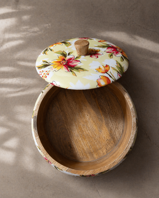 Wooden Chapati Box Custard Yellow Floral