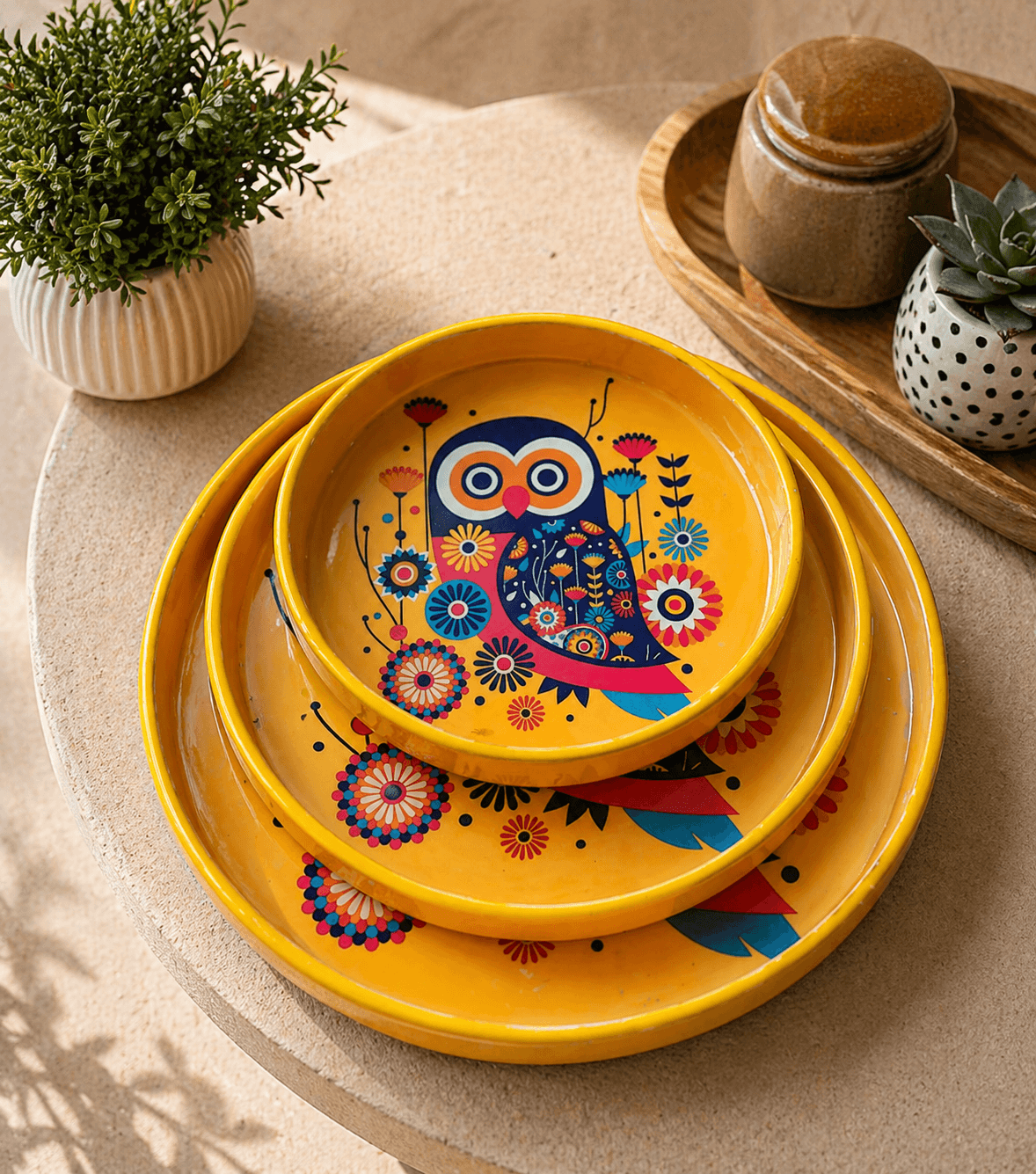 Yellow Colour Owl Pattern Set of 3(Round)