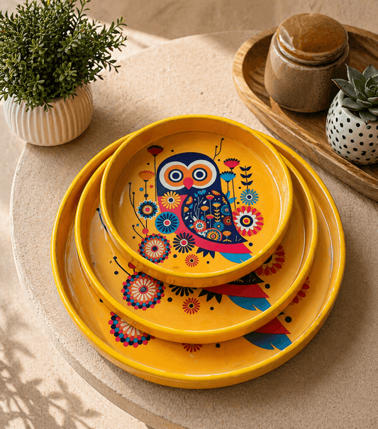 Round Trays Set of 3 Yellow Colour Owl Pattern Set of 3