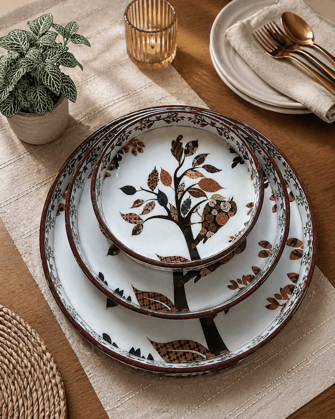 Bronze and White Tree Pattern Set of 3(Round)