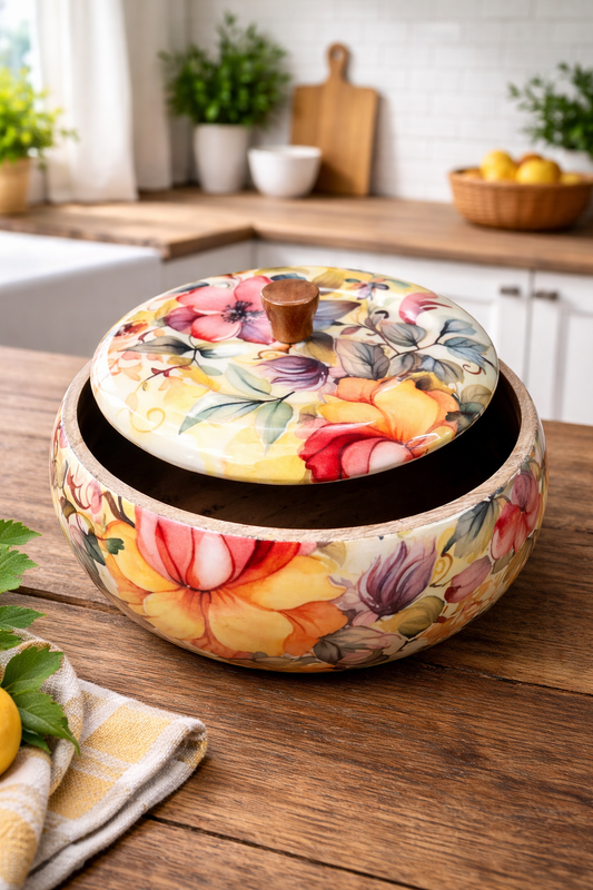 Wooden Chapati Box Yellow Floral