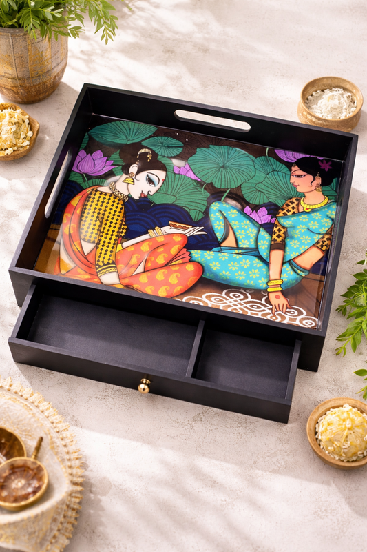 Wooden Drawer Tray with 2 Section - Garden Theme