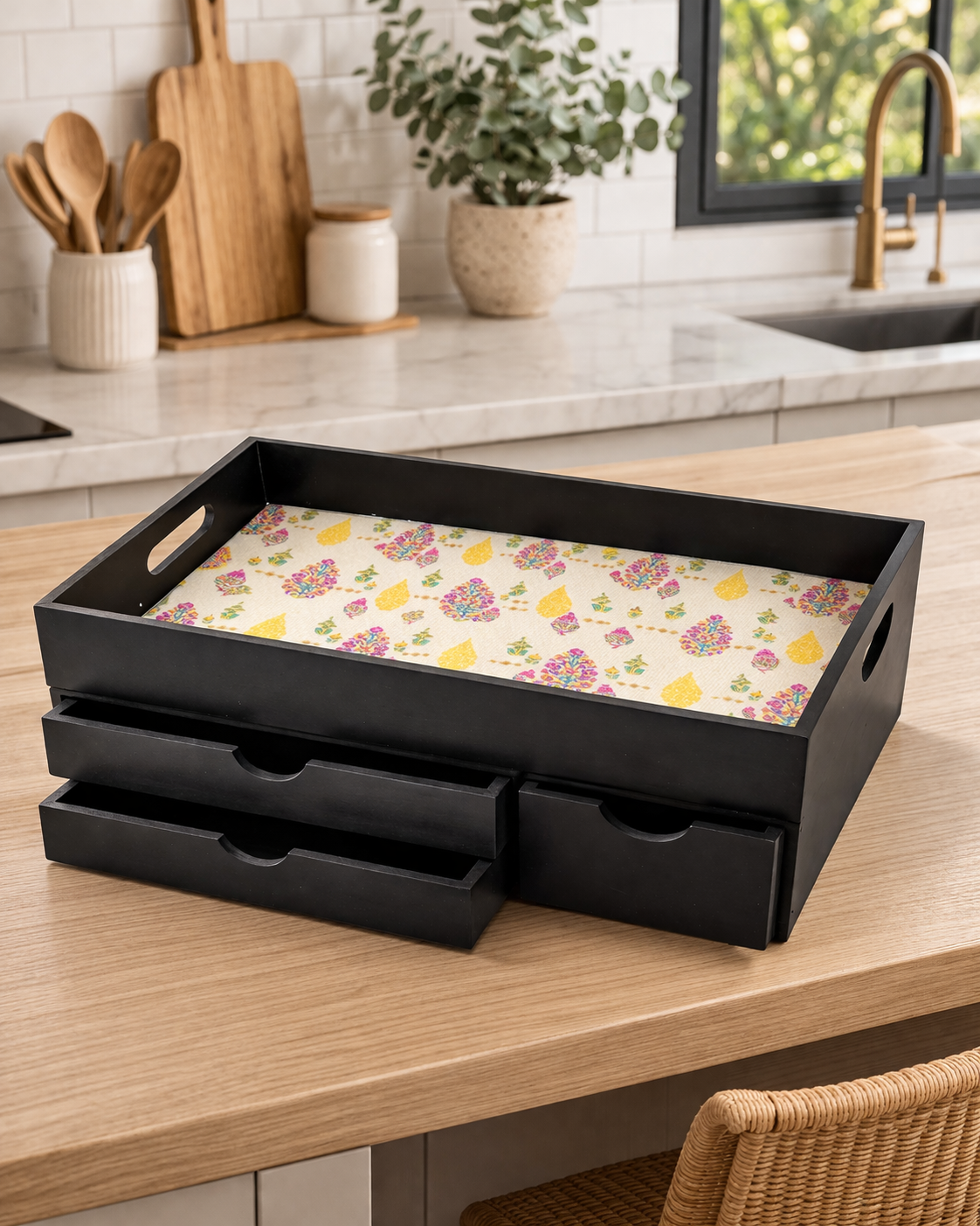 Wooden Drawer Tray with 3 Drawers - Floral Paisley