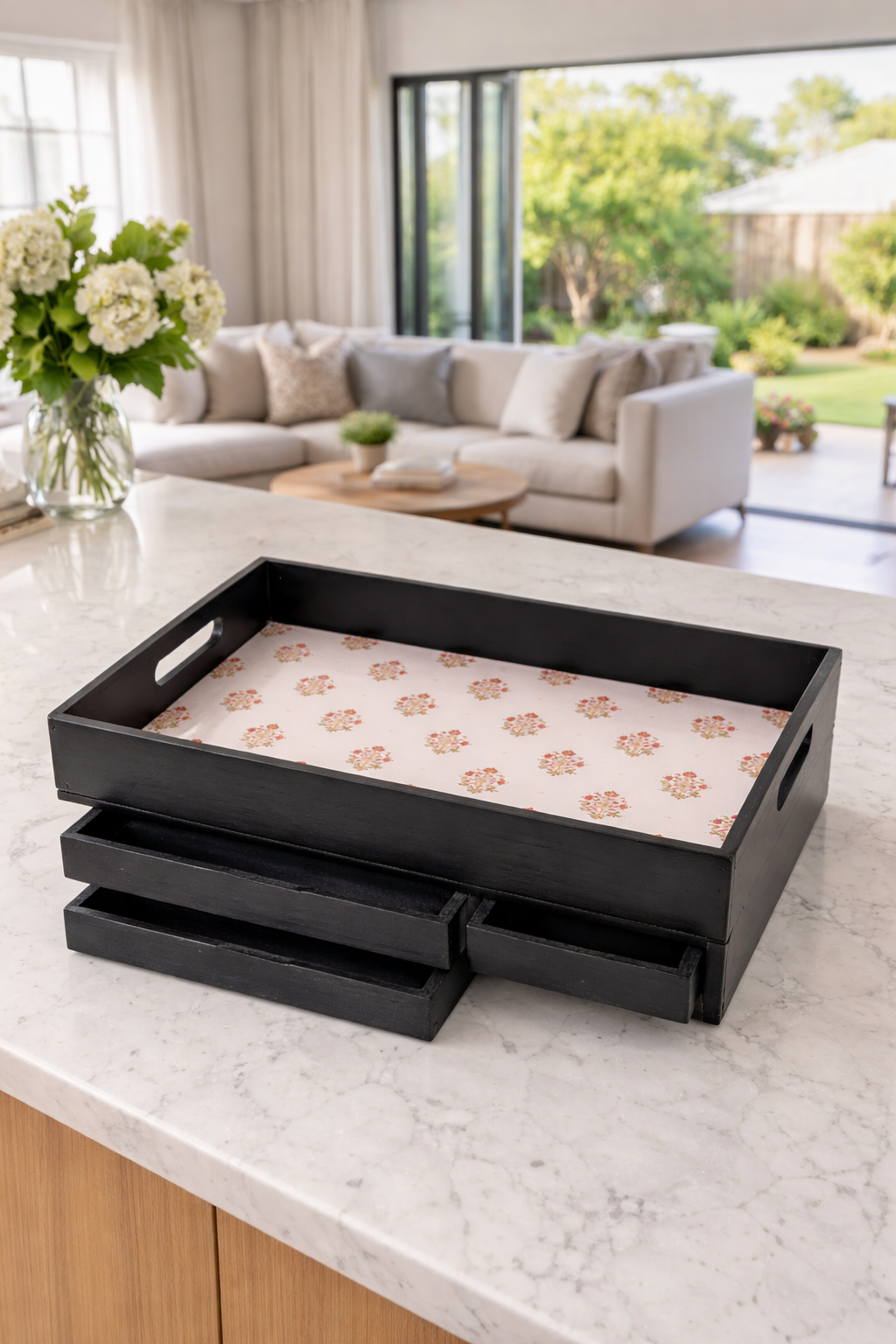 Wooden Drawer Tray with 3 Drawers - Blush Floral