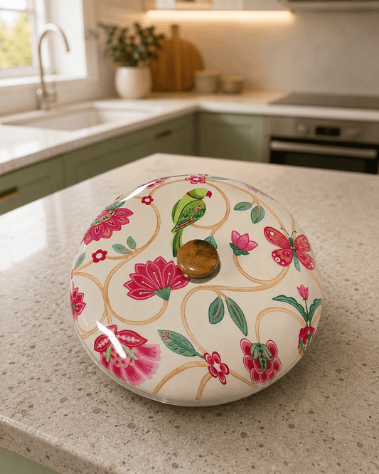Wooden Chapati Box White and Pink Flower