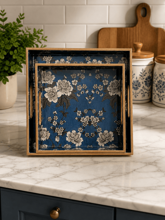 Wooden Serving Tray Dark Blue White Flower Pattern