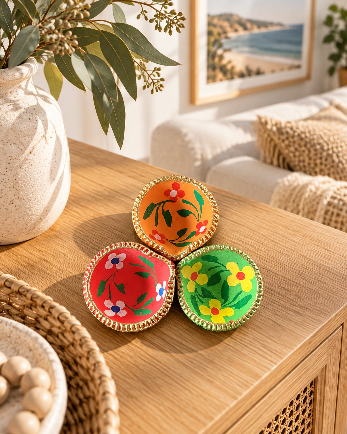 Hand-Painted Clay Diya set of Three