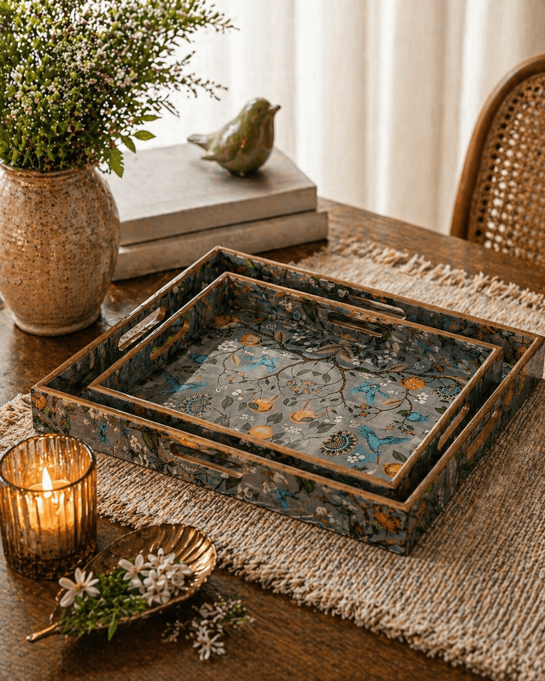 Wooden Tray Square Grey/Lemon Flowers Pattern
