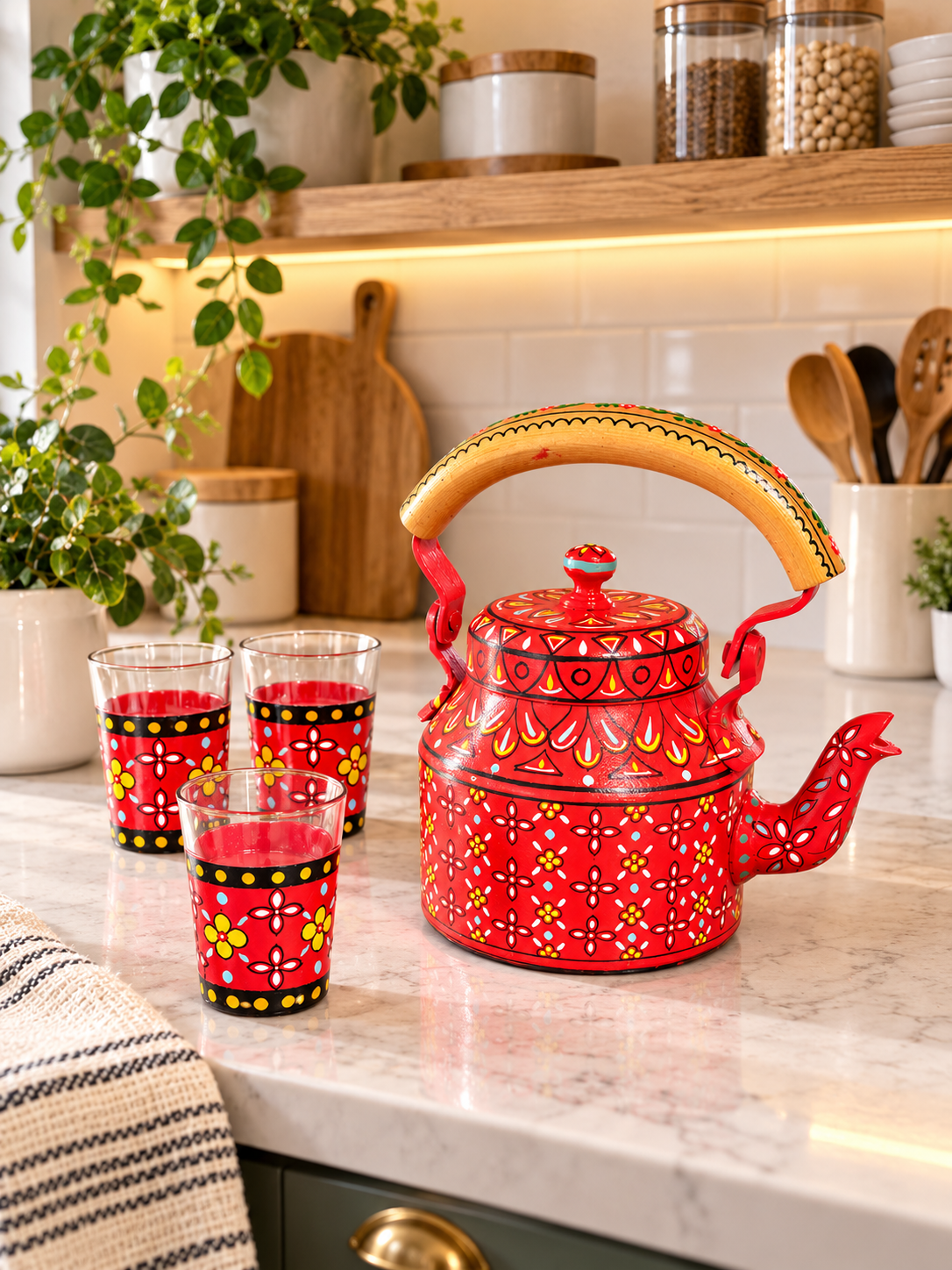 Hand-Painted Aluminium Kettle (6 glasses) - Red Floral