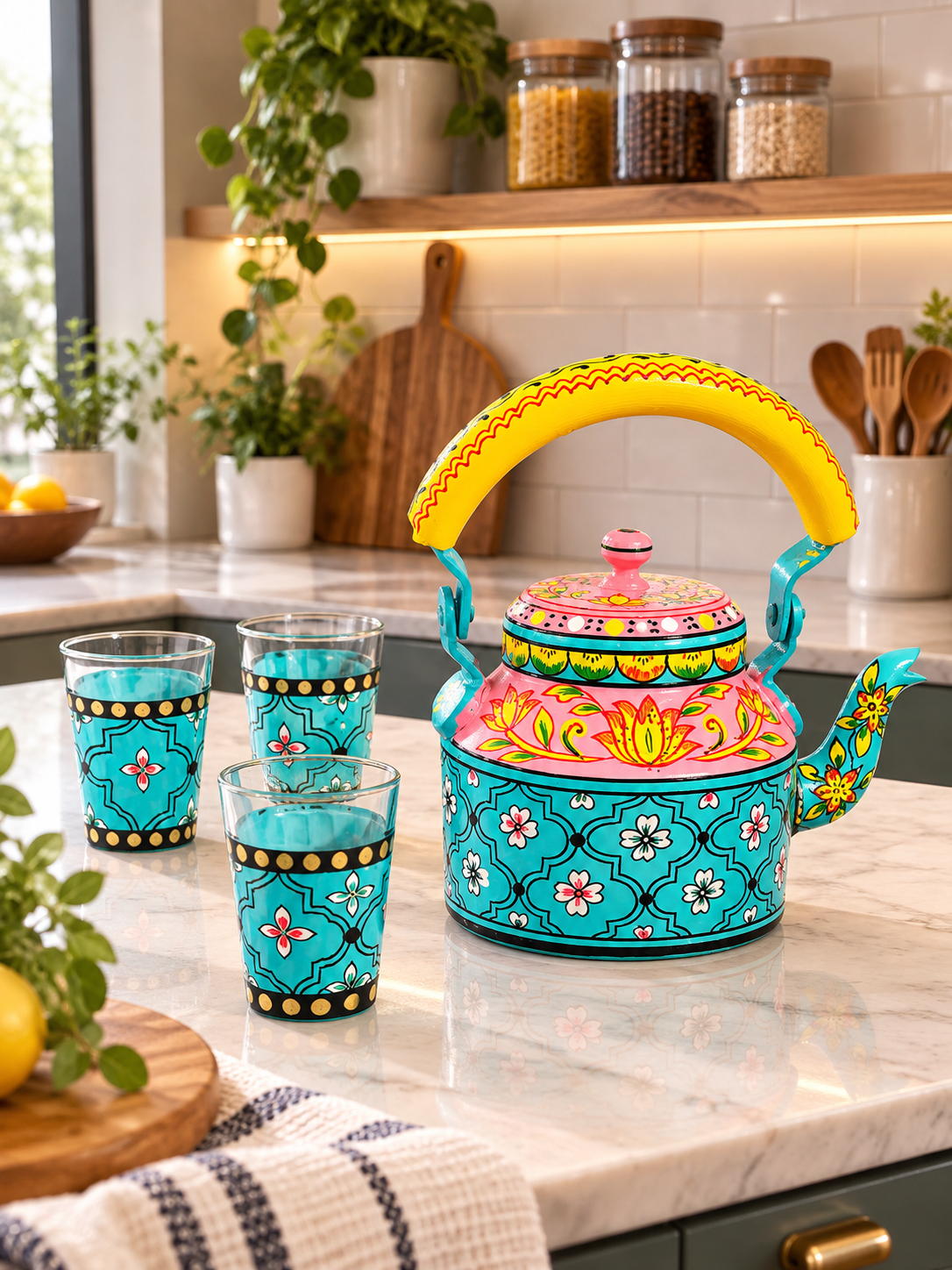 Hand-Painted Aluminium Kettle (6 glasses) - Turquoise & Pink