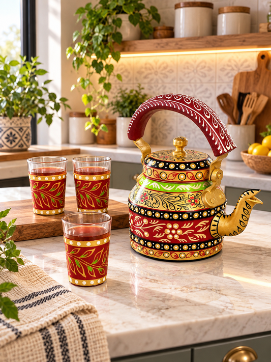 Hand-Painted Aluminium Kettle (6 glasses) - Maroon & Gold