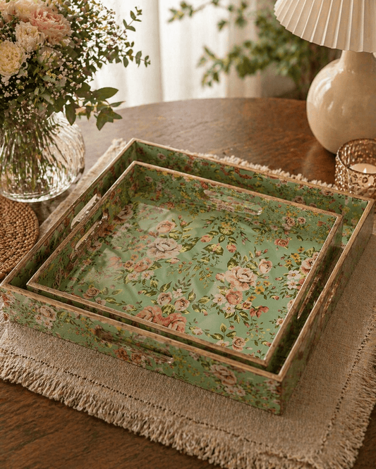 Wooden Tray Square Mint/Pink Roses Pattern