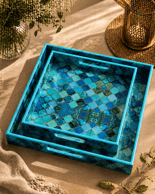 Wooden Serving Tray Light Blue Colour Pattern