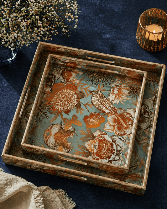 Wooden Serving Tray Golden Flower Bird Pattern