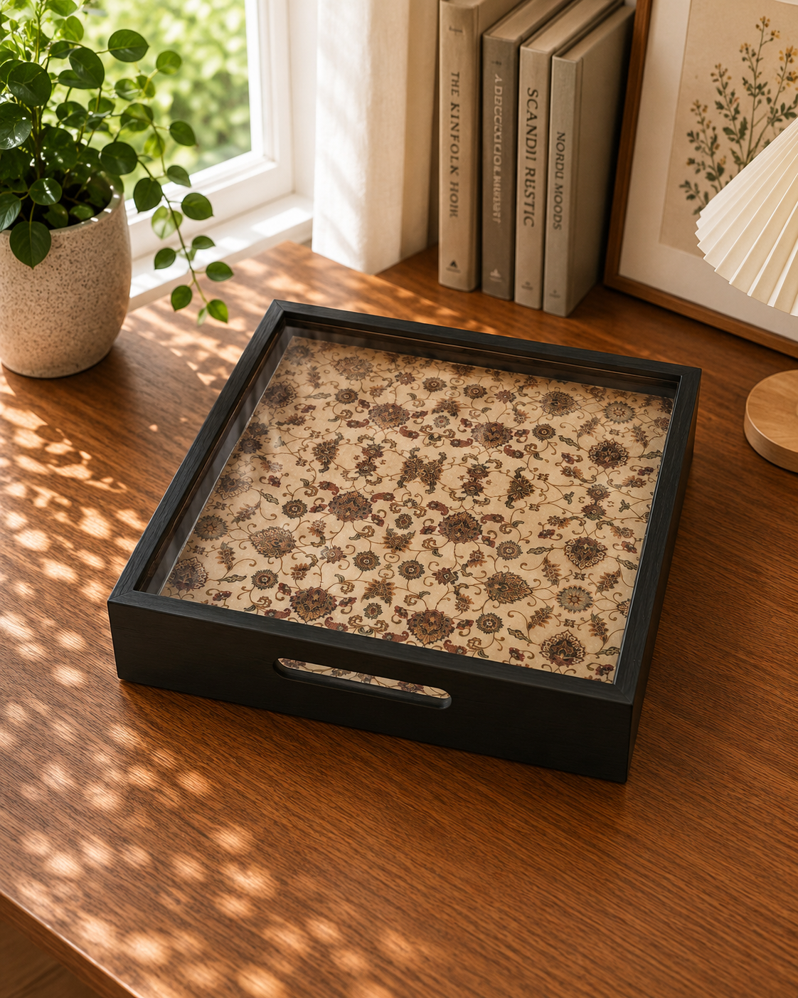 Wooden Serving Tray with Drawer - Kalamkari Floral