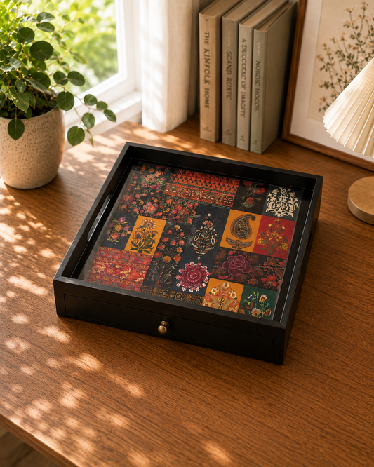 Wooden Serving Tray with Drawer - Patchwork Floral
