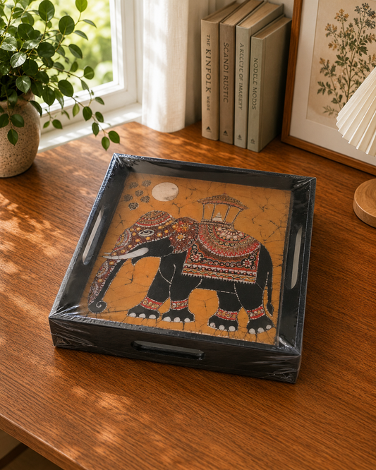 Wooden Serving Tray with Drawer - Warli Elephant