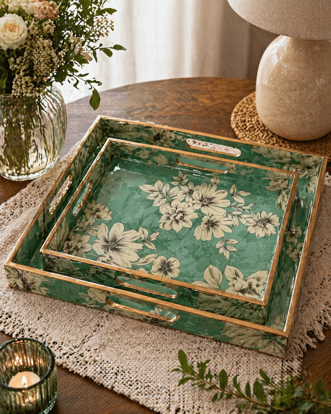 Wooden Serving Tray Teal White Flower Pattern