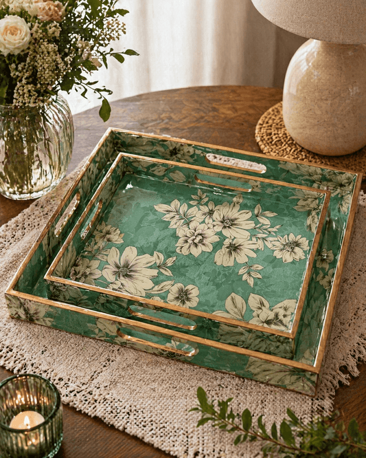 Wooden Serving Tray Teal White Flower Pattern
