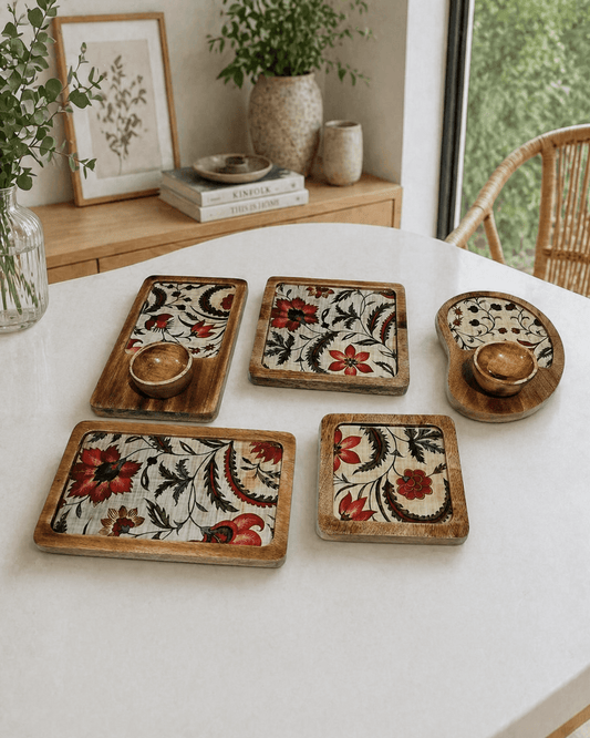 Multishape Wooden Platter Set Cream Red Flower