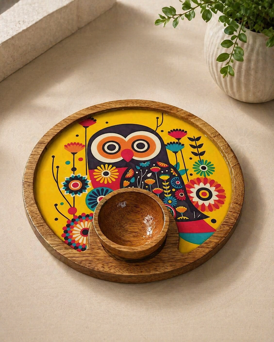 Single Bowl Platter Circle Yellow Colour Owl Pattern
