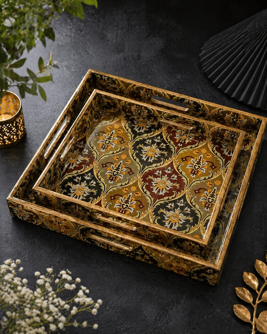Wooden Tray Square Multicolour Pattern(2 Set)