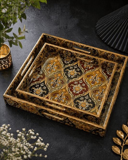Wooden Tray Square Multicolour Pattern